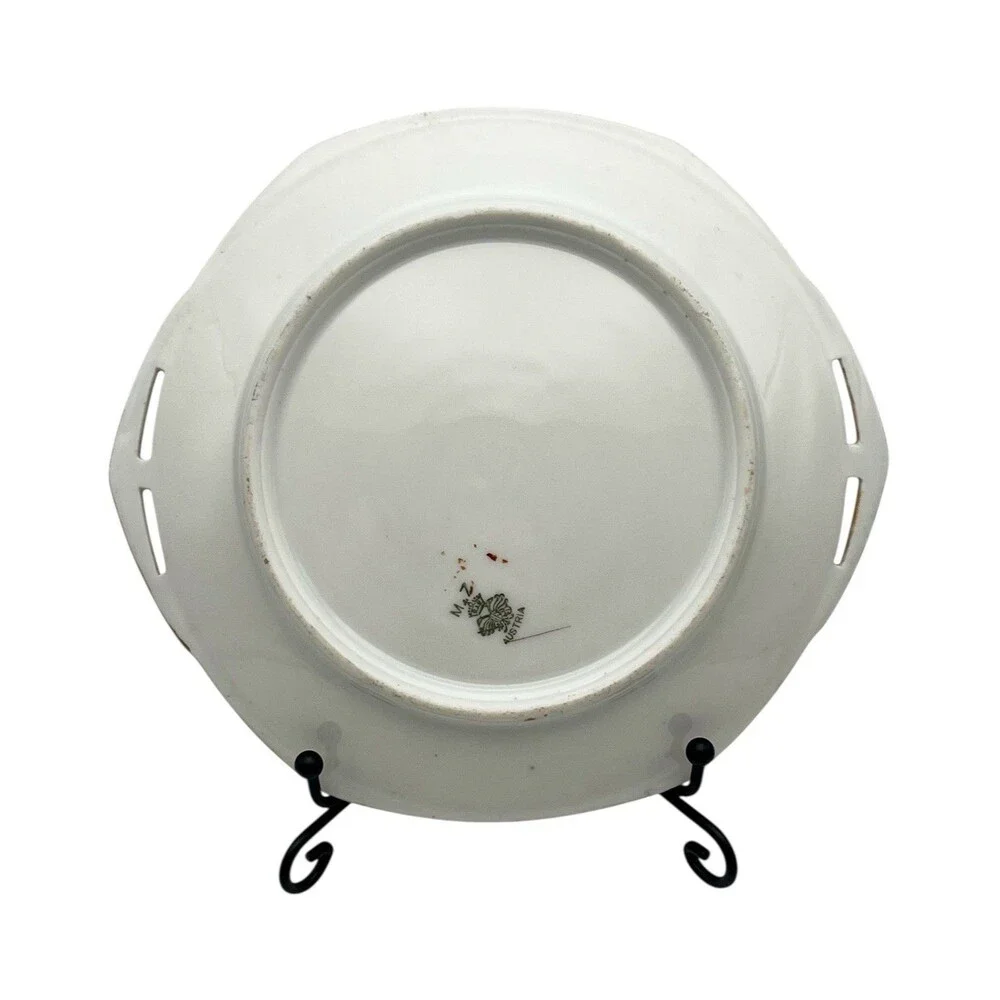 Antique MZ Austria 6.5” Porcelain Plate Floral White Gold Trim Pierced Handles - Picture 3 of 8